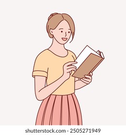 The girl is holding a book. Female student studying and preparing for exams. Hand drawn illustration.