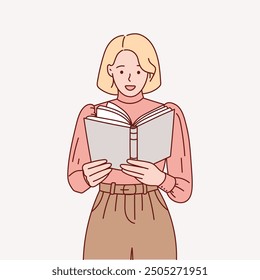 The girl is holding a book. Female student studying and preparing for exams. Hand drawn illustration.