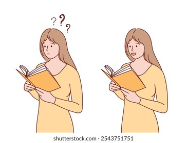 The girl is holding a book. Female student studying and preparing for exams. Hand drawn illustration.