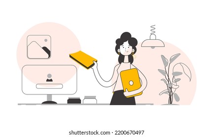 The girl is holding a book and a laptop in her hands. Line art style. Vector illustration.