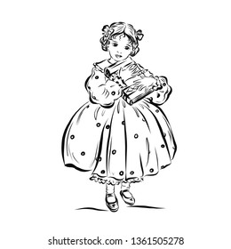 Girl holding a book. Princess in a ball gown. Young lady in vintage style from the nineteenth century. Drawing for coloring. 