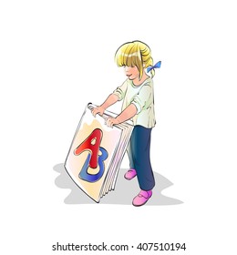 Girl holding a book study of the letters ABC book, vector illustration, character. children's book reading