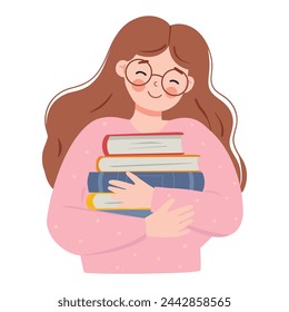 La niña sosteniendo los libros. Ilustración vectorial de una niña en gafas y un suéter rosa sosteniendo una pila de libros.