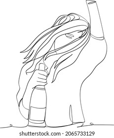 Girl Holding A Bottle Of Champagne. Linear Silhouette Of A Woman With A Bottle. Draw With One Continuous Line. Linear Glam Logo In Minimal Style For Wine Label.