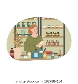 Girl holding bottle of chosen bodycare product in cosmetics store