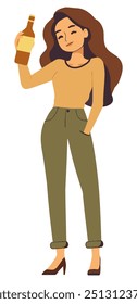 Girl Holding a Bottle. Flat Vector Illustration