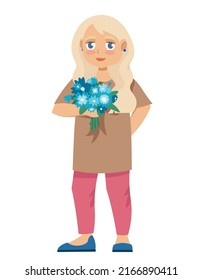 Girl holding bouquet of flowers. Character in cartoon style.