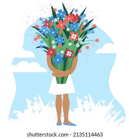Girl holding a bouquet of flowers. Happy Mother day! Card for  Valentine's Day, Birthday or anniversary. Women's Day March 8. Sketch vector illustration.