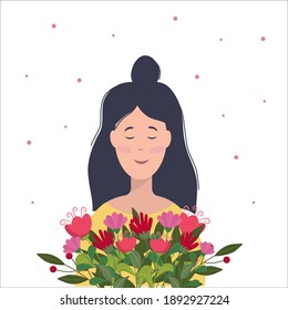 Girl holding a bouquet of flowers in her hands, vector illustration