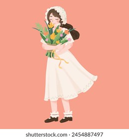 Girl holding a bouquet of flowers and smelling them