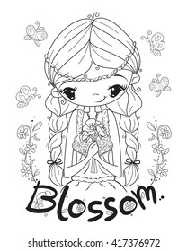 Girl holding bouquet of flowers surrounded by butterflies outline vector.