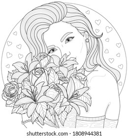 
Niña sosteniendo un ramo de flores. Antítesis del libro de colores para niños y adultos. Ilustración aislada en fondo blanco.Dibujo en blanco y negro.Estilo zenopla.