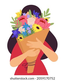 Girl Holding Bouquet. Spring Flower, Present For Mother. Beauty Gift On Birthday, Valentine Day Or Woman Greetings. Blossom Bunch Decent Vector Postcard