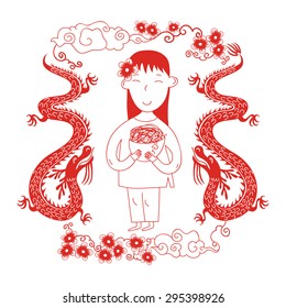 Girl holding a bowl of noodles. Vector illustration with traditional Chinese patterns.