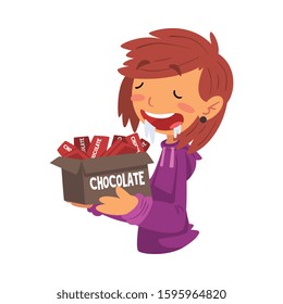 Girl Holding Box Full Of Chocolate Bars With Drool Flowing Down Her Mouth, Sweet Tooth Girl Cartoon Character Vector Illustration