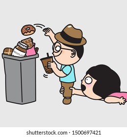 Girl Holding Boy's Leg While Shouting And Not Letting Him Throwing Away Her Bubble Milk Tea And Donuts In Trash. Couple In Quarrel Concept Card Character illustration
