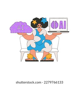 Girl holding a brain made from AI, vectored artwork.