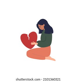  
Girl holding a broken heart - divorce concept. Flat vector illustration