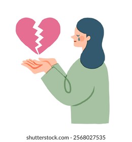 Girl holding a broken heart - divorce concept. Flat vector illustration
