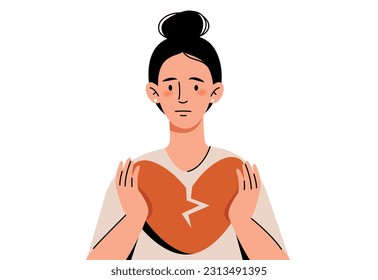 Girl holding a broken heart with her hands. The concept of disappointment in love, dislike for oneself, non-recognition by society.