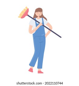 girl holding broom isolated icon