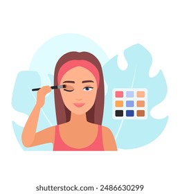 Mädchen mit Pinsel zum Auftragen von Puder Lidschatten aus Palette, Beauty Make-up Vektorillustration