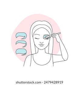 Mädchen mit Pinsel und Schablone zum Auftragen von Lidschatten, um Makeup-Linie-Symbol-Vektorillustration zu machen