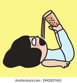 Girl Holding A Bubble Milk Tea Cup With Her Feet And Trying To Drink While Doing Yoga Pose Concept Card Character illustration