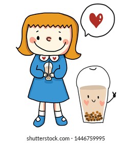
The girl is holding a bubble tea and standing with a lovely bubble tea.
