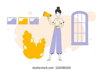 The girl is holding a bullhorn and binoculars in her hands. Job Search Theme. H.R. Linear modern style.