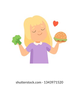 Girl Holding Burger and Broccoli in Her Hands, Girl Preferring to Eat Fast Food Vector Illustration