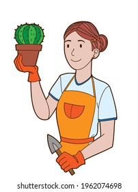 Girl holding cactus in pot. Vector illustration isolated on white background  for cards, posters, stickers, seasonal design