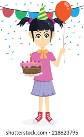 Girl Holding A Cake And Balloon For Birthday