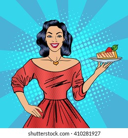Girl Holding a Cake. Housewife with Cheesecake. Pop Art. Happy Woman. Vector illustration