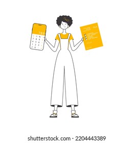 The girl is holding a calculator. Linear trendy style. Isolated. Vector illustration.