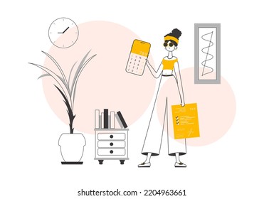 The girl is holding a calculator. Lineart. Vector illustration.