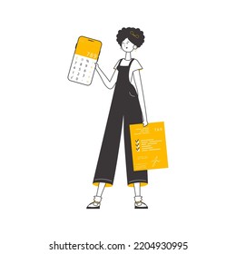 The girl is holding a calculator and a tax form in her hands. Lineart trendy style. Isolated. Vector illustration.