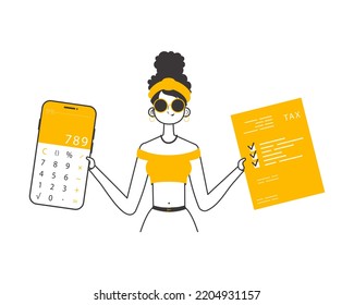 The girl is holding a calculator and a tax form in her hands. Minimalistic linear style. Isolated. Vector illustration.