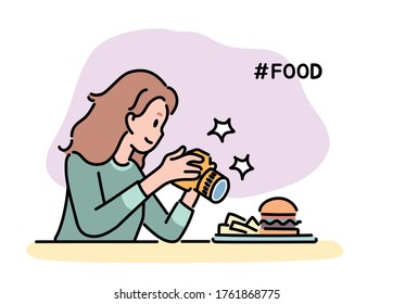 A girl is holding a camera in her hand and taking a picture of food. hand drawn style vector design illustrations. 