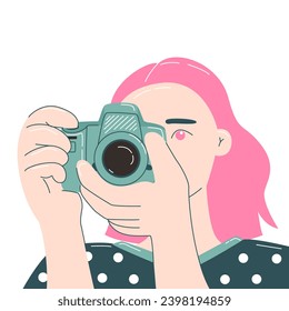 Girl holding camera and take a picture, isolated on the white background