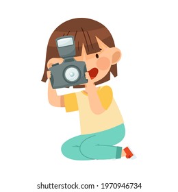 Girl Holding Camera and Taking Photo Vector Illustration