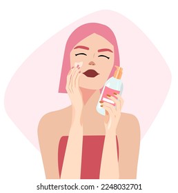 La chica sostiene una lata de crema, un producto de belleza. La mujer realiza procedimientos de atención facial y corporal. Cuidado facial, complicación, limpieza, nutrición cutánea. Salón de spa en casa. Ilustración del vector