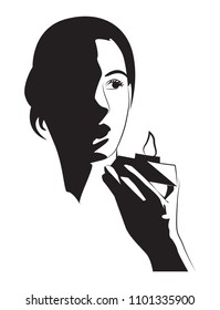 Girl is holding a candle. Black and white vector illustration