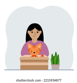 A girl is holding a cardboard box with a beautiful ginger cat. The concept of rescue, help and care for pets. Vector flat illustration
