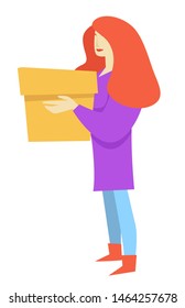 Girl holding cardboard container redhead woman with box isolated female character vector, delivery and post postage or mail online order receiving or sending teenager and Internet web shopping