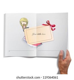 Girl holding cardboard inside a book. Vector design.