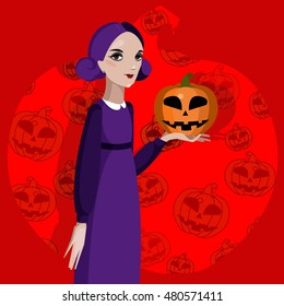 Girl holding carved Halloween pumpkin. 