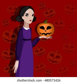 Girl holding carved Halloween pumpkin. 