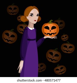 Girl holding carved Halloween pumpkin. 