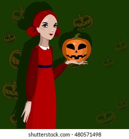 Girl holding carved Halloween pumpkin. 